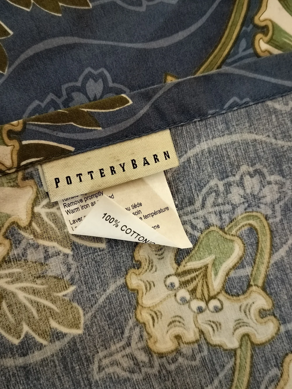 Pottery Barn Blue and Cream Floral Cotton Panel with Green Accents